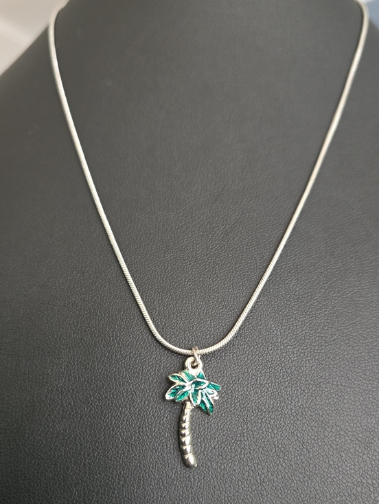 Hand Crafted Jewelry - Palm Tree Pendant Necklace - Green and Silver